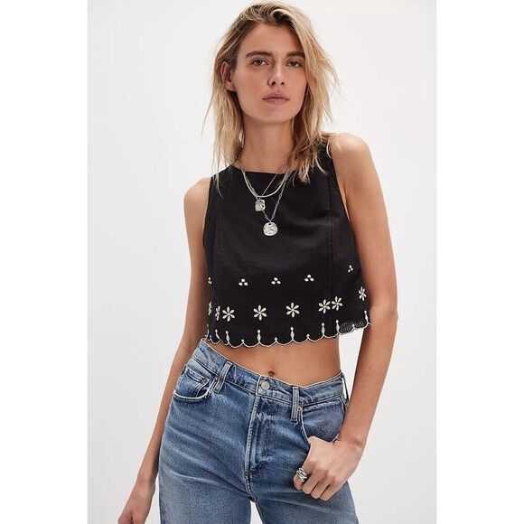 Free People Kayla Solid Embroidered Cropped Blouse Top Floral Cotton L 279922 - Picture 1 of 8